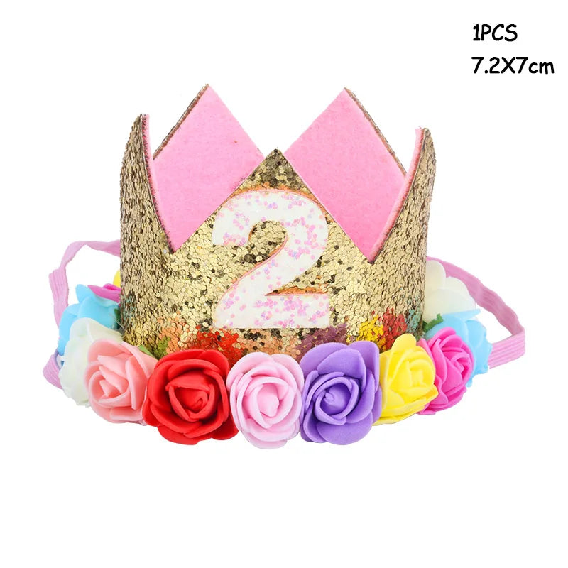 Baby Birthday Decoration Girl 1 2 3 Years Crown Hat Pink White Flower Sequins Crown 1st birthday Photo Prop Happy Birthday Gifts Good Vibrations