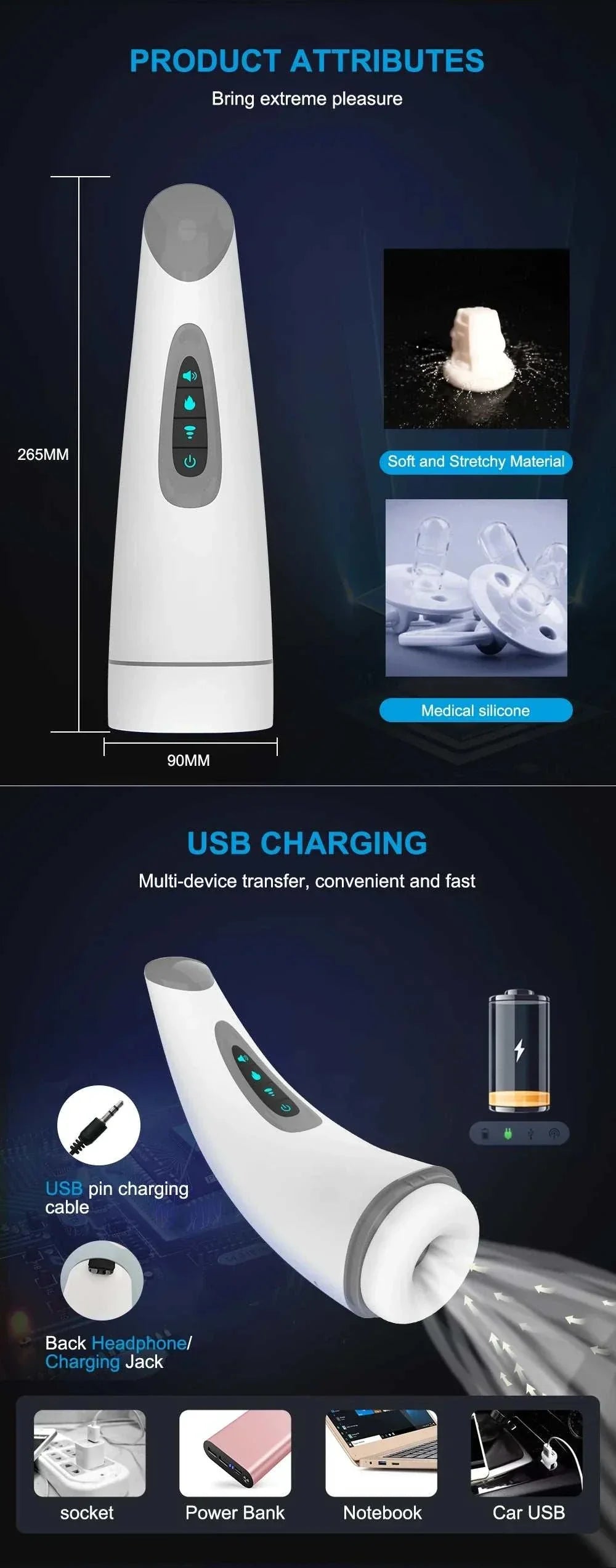 Vagina sucking male masturbator vibrator with automatic heating and suction cup.