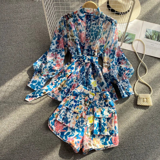 Women Set Lantern Sleeve Stand-Up Collar Shirt Female High-Waisted Wide Leg Shorts Two Piece Set Good Vibrations