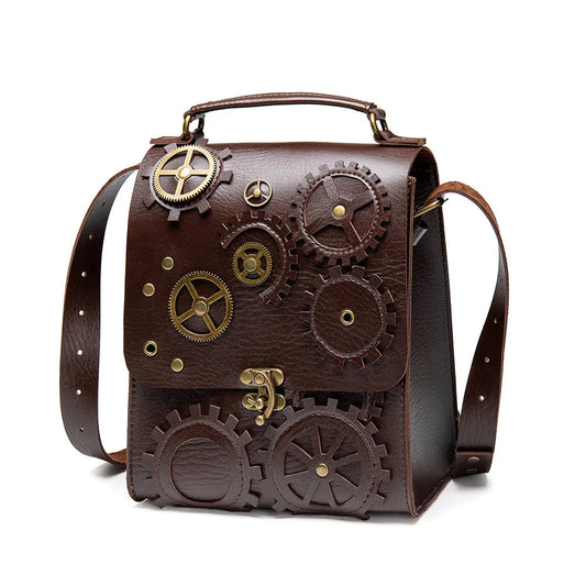 Vintage Single Shoulder Hip Hop Rock Shoulder Bag Luxury Design Brown PU Leather Men Women Steampunk Gothic Square Handbag Good Vibrations