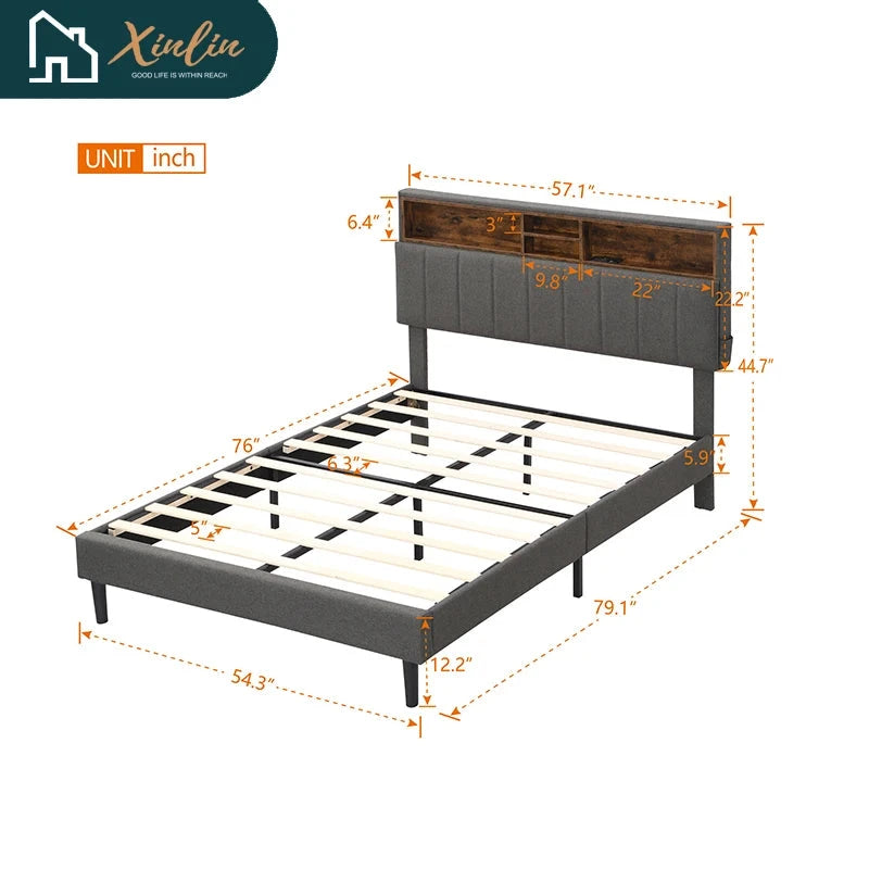 Free Shipping US Warehouse Linen Fabric Full-Size Murphy Bed with Storage Headboard Upholstered Platform Bed & USB Port Good Vibrations