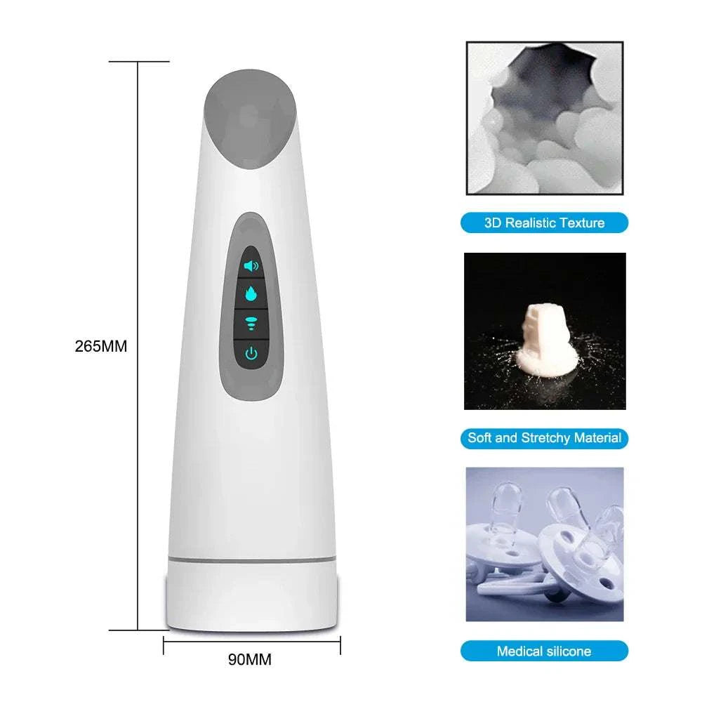Automatic male masturbator vibrator with heating, suction, and medical silicone material, featuring 3D realistic texture.