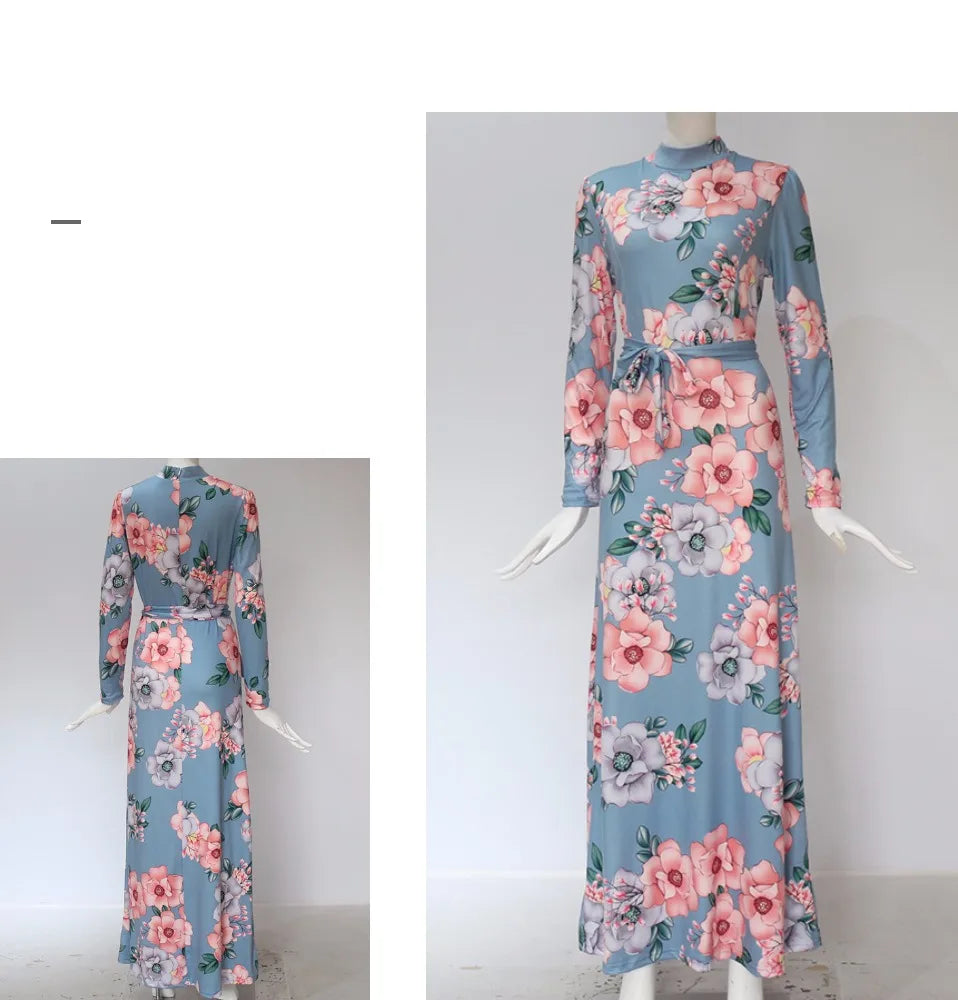 Women's Boho Floral Print Maxi Dress Elegant for Bandage Party Vestido with Long Sleeves for Summer Plain Dyed Casual Long Dress Good Vibrations