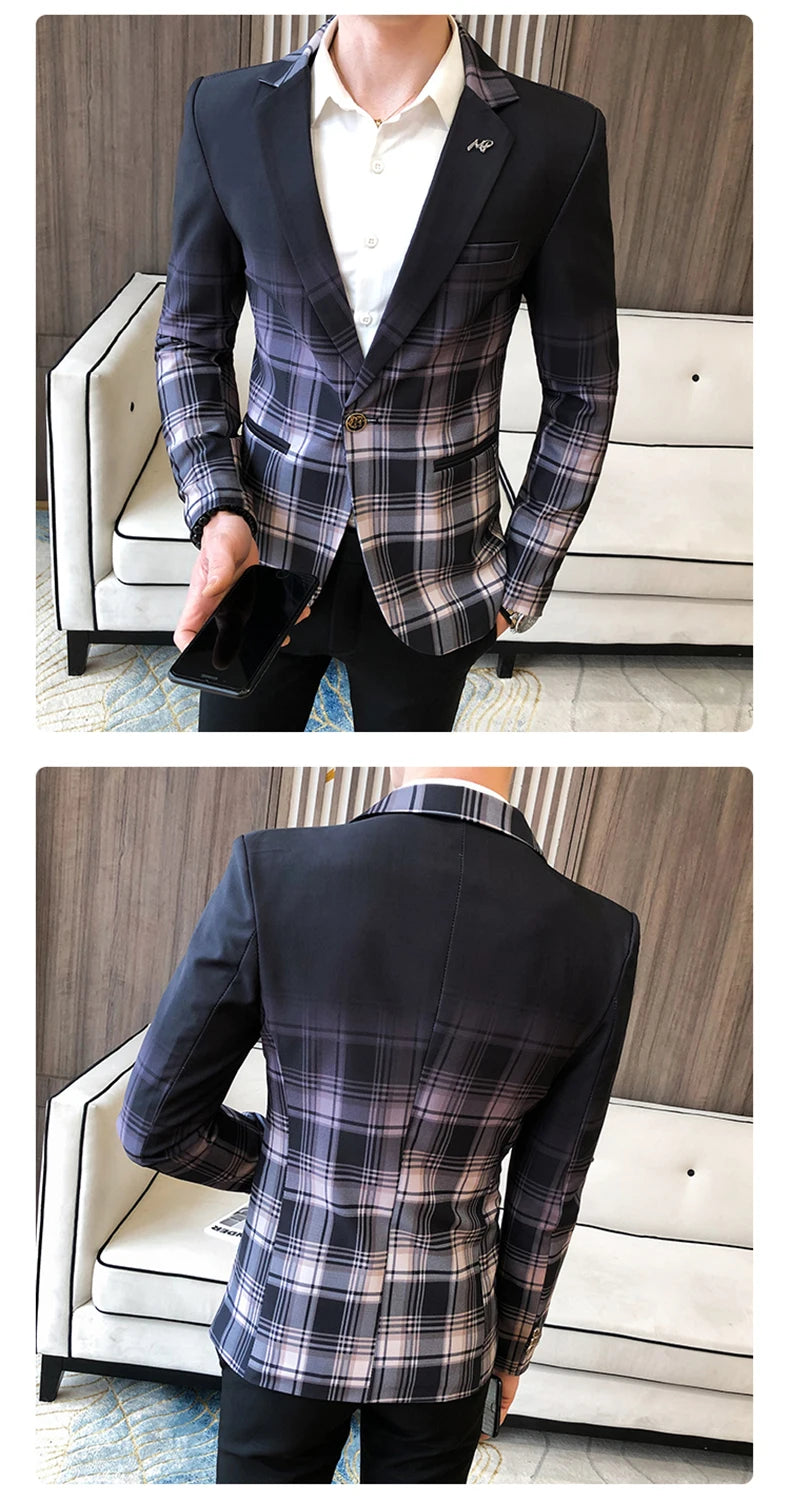 Blazer Men Boutique Fashion Plaid Men's Slim Casual Suit Jacket Male Ball Social Blazer Suit Coat Host Clothing Good Vibrations