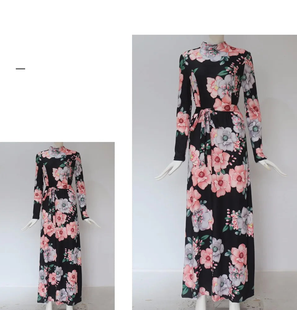 Women's Boho Floral Print Maxi Dress Elegant for Bandage Party Vestido with Long Sleeves for Summer Plain Dyed Casual Long Dress Good Vibrations