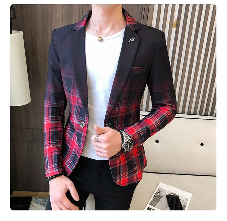 Blazer Men Boutique Fashion Plaid Men's Slim Casual Suit Jacket Male Ball Social Blazer Suit Coat Host Clothing Good Vibrations