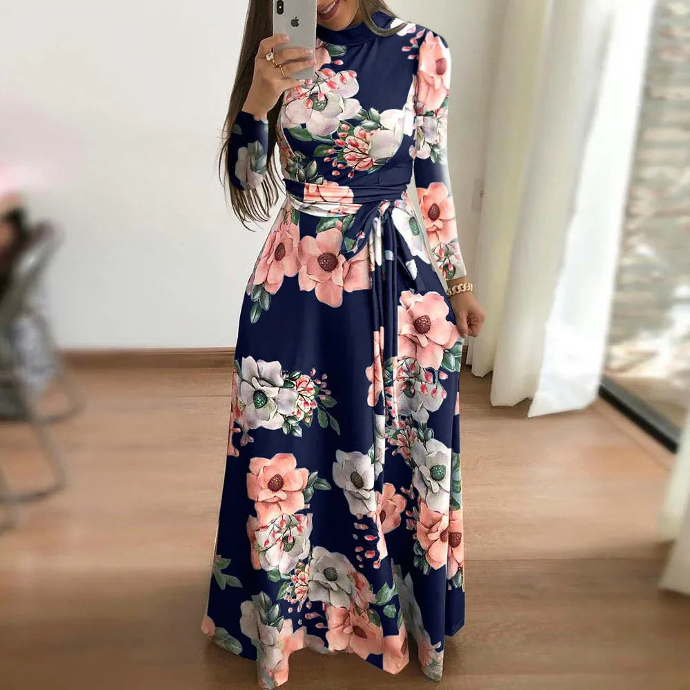 Women's Boho Floral Print Maxi Dress Elegant for Bandage Party Vestido with Long Sleeves for Summer Plain Dyed Casual Long Dress Good Vibrations