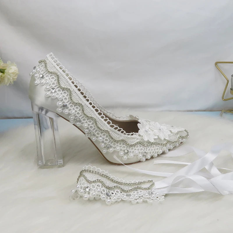 BaoYaFang New Arrival Thick Heel Pointed Toe Womens Wedding Shoes High Heels ladies fashion shoes woman White Lace ankle strap Good Vibrations