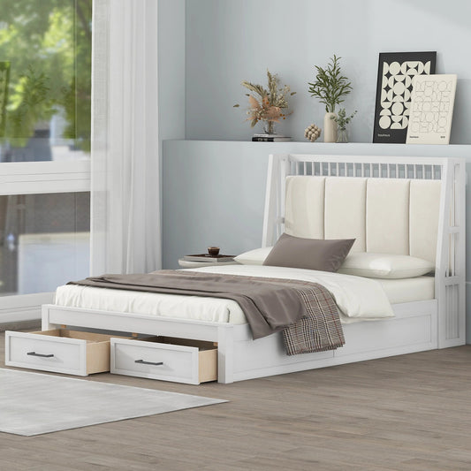 White Upholstered Wood Platform Bed with Headboard and 2 Drawers Good Vibrations