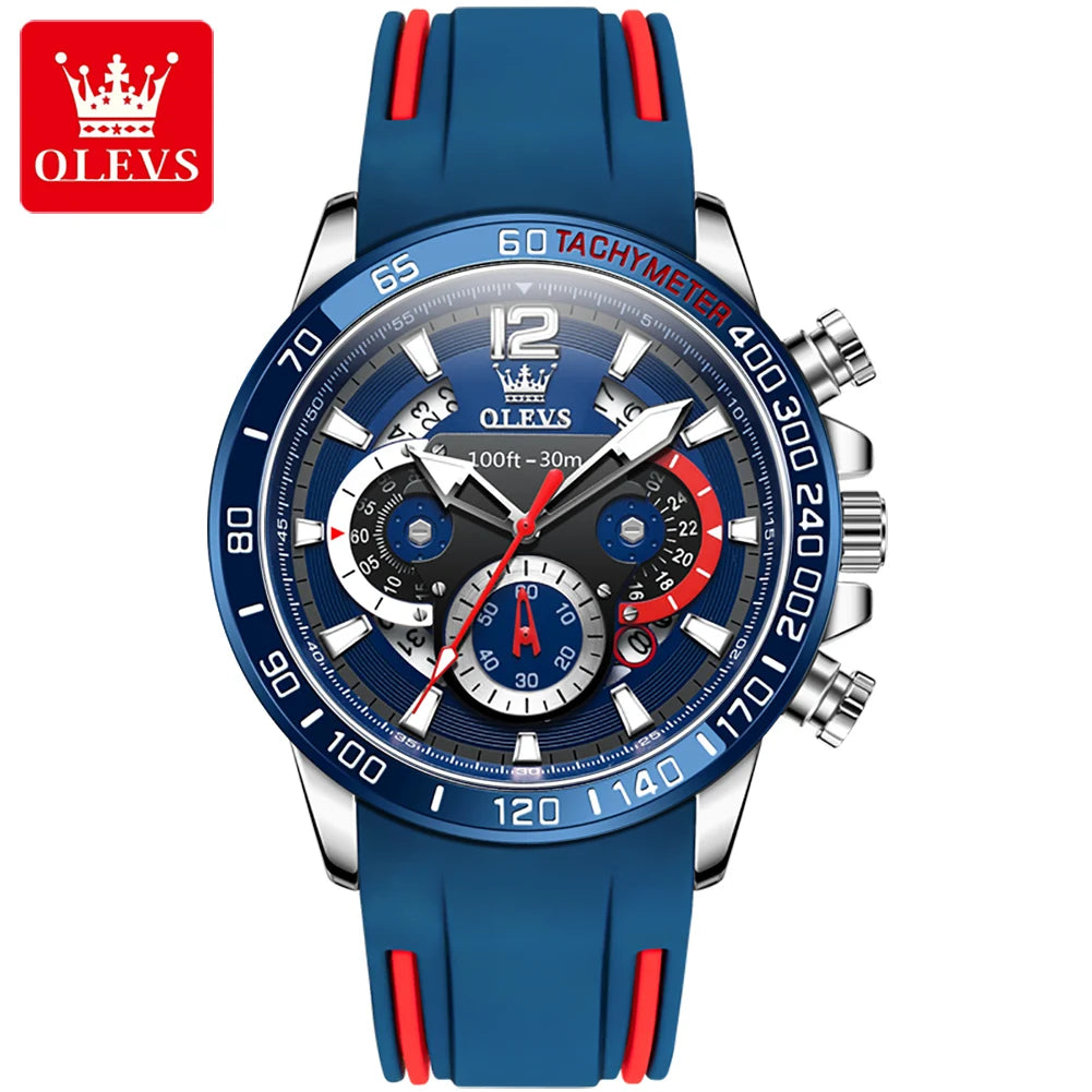 OLEVS 9936 New Silicone Blue Strap Multi-function Men Wristwatch Waterproof Quartz Sport Watch for Men Luminous Calendar Logo Good Vibrations