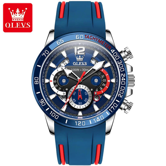OLEVS 9936 New Silicone Blue Strap Multi-function Men Wristwatch Waterproof Quartz Sport Watch for Men Luminous Calendar Logo Good Vibrations