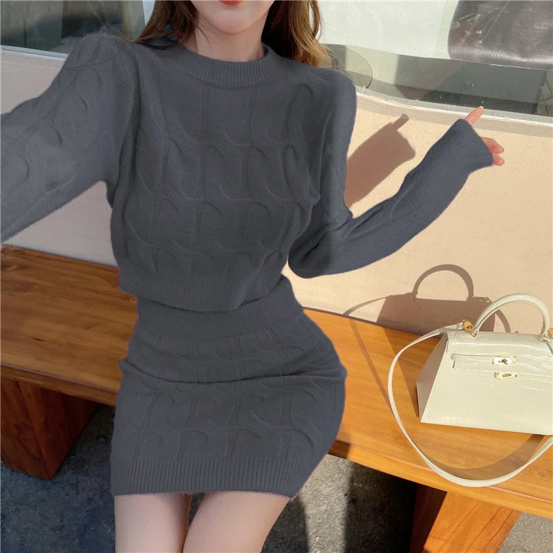 Elegant Fall Winter Knitted 2 Piece Set Chic Women Sexy O Neck Sweater Crop Top + Bodycon Mini Skirt Korean Suit Good Vibrations Adult Super Store