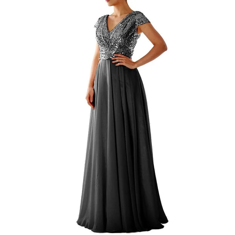 New Spring and Summer Women's V-neck Sequin Patchwork Elegant Formal Long Gown Evening Dresses 2024 Good Vibrations
