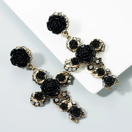 KMVEXO Baroque Vintage Gold Color Cross Earrings for Women Girls Enamel Rose Flowers Earrings Brincos Statement Jewelry 2022 Good Vibrations