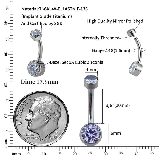 Right Grand ASTM F136 Titanium Belly Button Rings 10mm 12mm with Round CZ Internally Threaded Navel Rings Belly Bars Good Vibrations