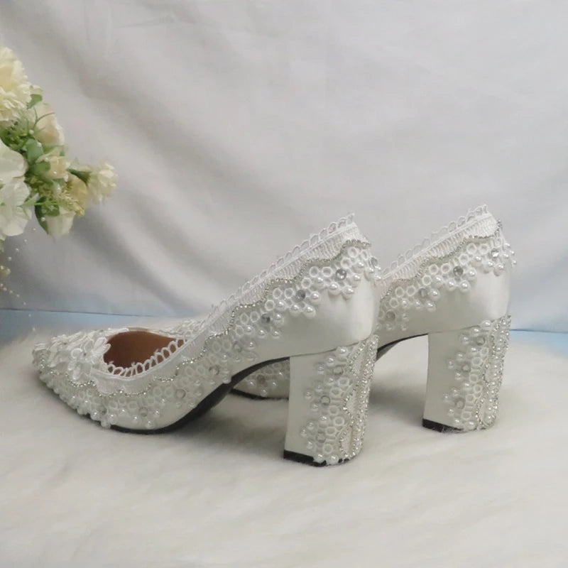 BaoYaFang New Arrival Thick Heel Pointed Toe Womens Wedding Shoes High Heels ladies fashion shoes woman White Lace ankle strap Good Vibrations