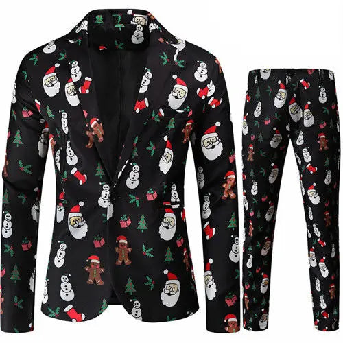 Red Printed Two-piece Men's Christmas Suit (Jacket + Pants) Stylish Male Blazer Coat with Trousers Black Green Blue S-4XL Good Vibrations
