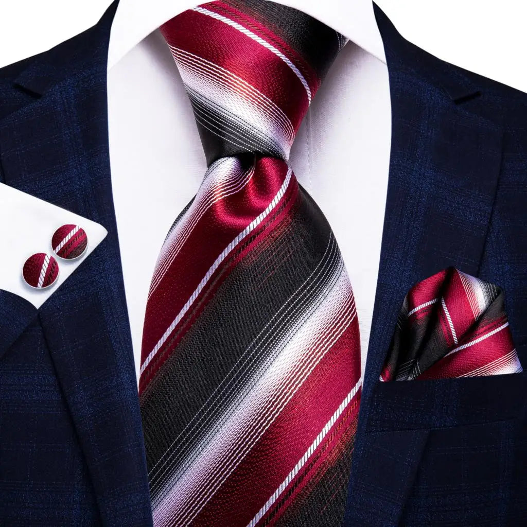 Black Red Striped Silk Wedding Tie For Men Handky Cufflink Gift Men Necktie Fashion Business Party Dropshiping Hi-Tie Designer Good Vibrations