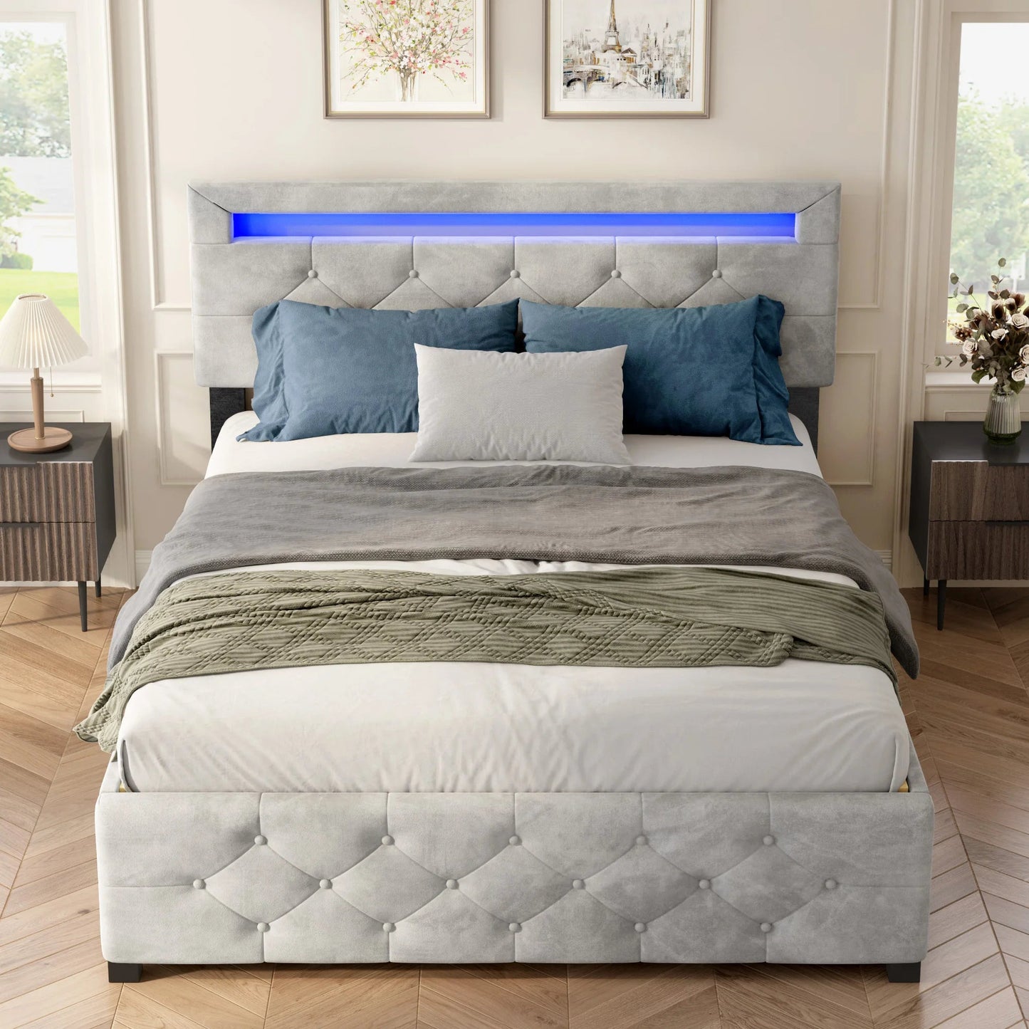 Luxe Velvet Platform Bed Frame with LED Headboard, 4 Storage Drawers, Adjustable Height, No Box Spring Needed, Queen Good Vibrations