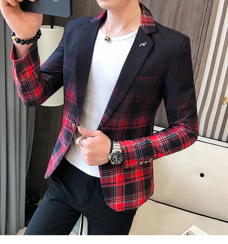 Blazer Men Boutique Fashion Plaid Men's Slim Casual Suit Jacket Male Ball Social Blazer Suit Coat Host Clothing Good Vibrations