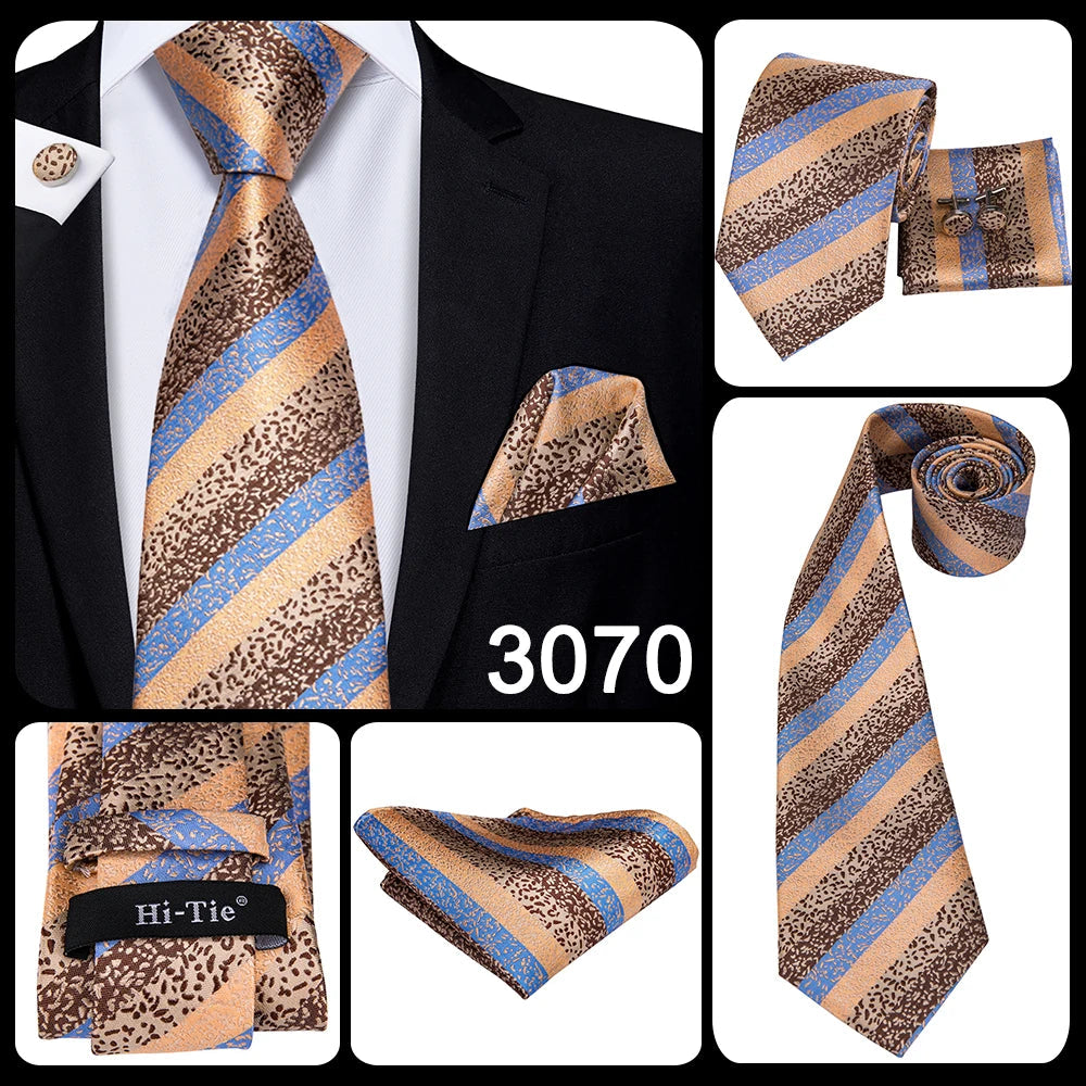 Hi-Tie Champagne Gold Striped Paisley Solid Men Silk Wedding Tie Fashion Design Necktie For Men Hanky Cufflink Business Party Good Vibrations