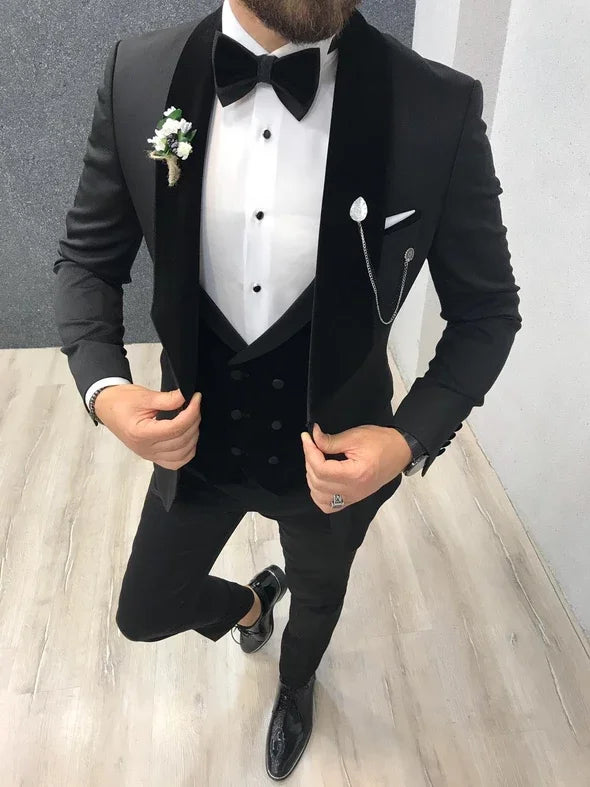 Morili One Button Wedding Party 3 Piece Suit for Man Velveteet Collar Slim Fit Waistcoat With Double Buttons MMSB46 Good Vibrations