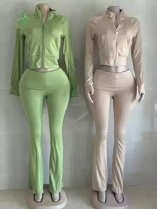 Custom 2 Piece Set Women Outfits Zipper Top and Flare Pants 2 Piece Sets Casual Two Piece Jogger Set Womens Fall Winter Clothing Good Vibrations