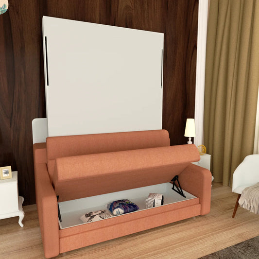 Modern Designed Vertical Murphy Bed Sofa Space-Saving Hidden Bed New Style Gas Struts No Wall-Mounting Needed Wood Panel Style Good Vibrations