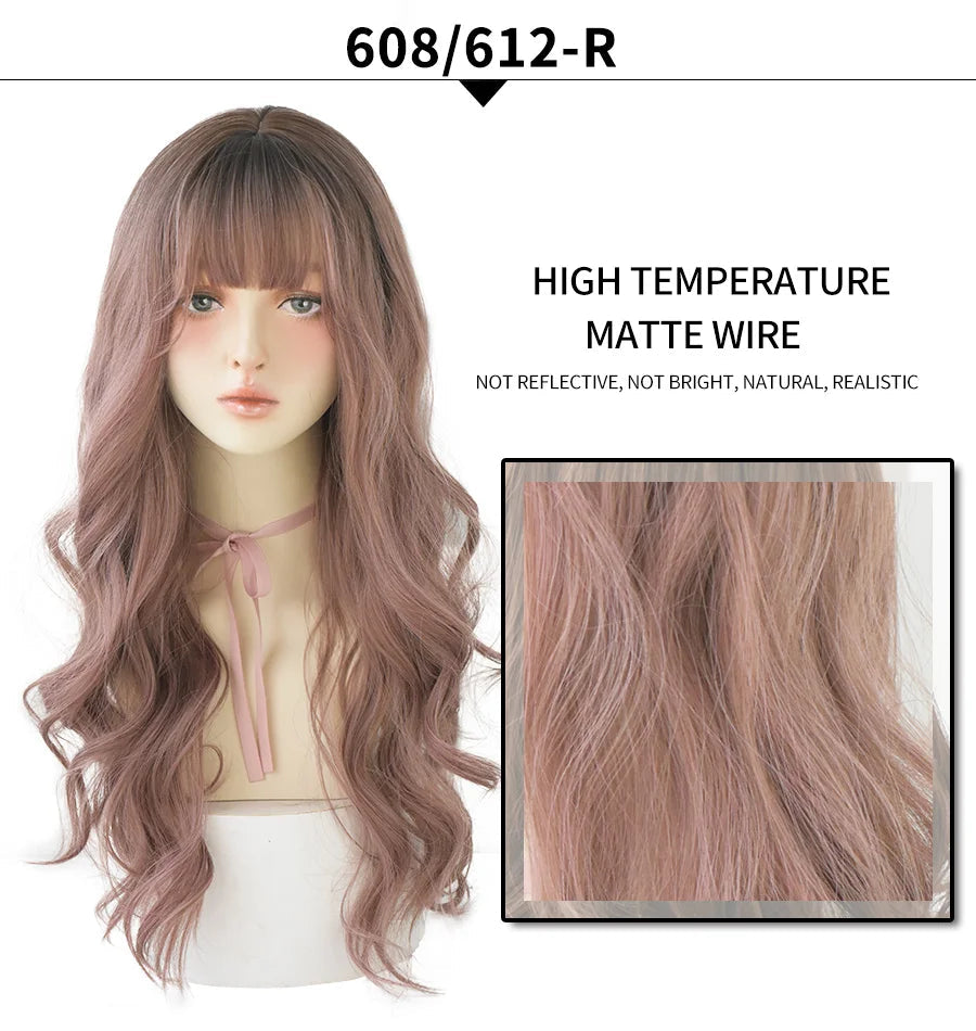 7JHHWIGS Long Wavy Synthetic Black Wigs For Women With Fringe Fashion Heat Resistant Mid-Length Daily Straight Light Brown Hair Good Vibrations