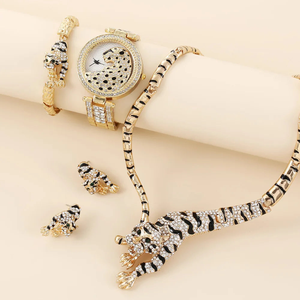 Popular Leopard Ladies Wristwatch 4PCS/SET Present Set Female's Necklace Bracelets Earring Women's Watch Gift Set Good Vibrations