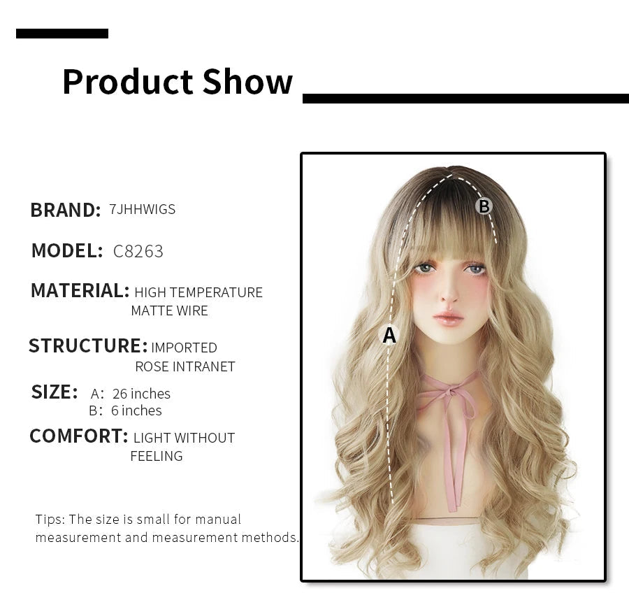 7JHHWIGS Long Wavy Synthetic Black Wigs For Women With Fringe Fashion Heat Resistant Mid-Length Daily Straight Light Brown Hair Good Vibrations