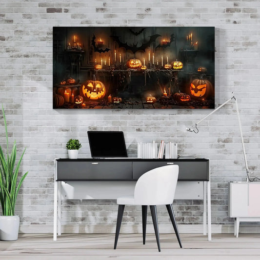 Spooky Halloween Scene Canvas Wall Art: Pumpkins, Bats & Candles Ideal Seasonal Spooky Decor Perfect for Halloween Home Decor Good Vibrations