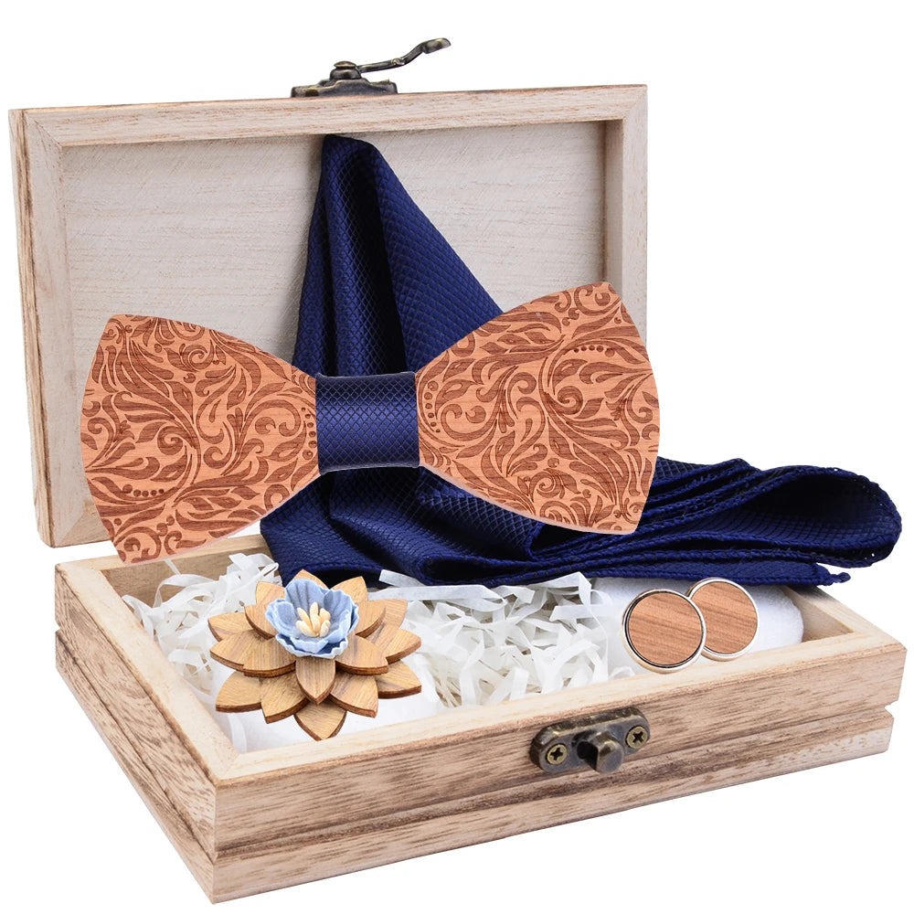 2020 Design Craved Floral Wooden Wood Bow Tit Set Navy Red Plaid Silk Pocket Square Cufflinks Broocn Bowtie Set For Mens Wedding Good Vibrations
