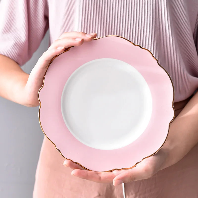 Creative Ceramic Plate Pink Wave Point Simple Flat Plate Western Steak Plate Girl Heart Set Irregular Golden Girl Good Vibrations