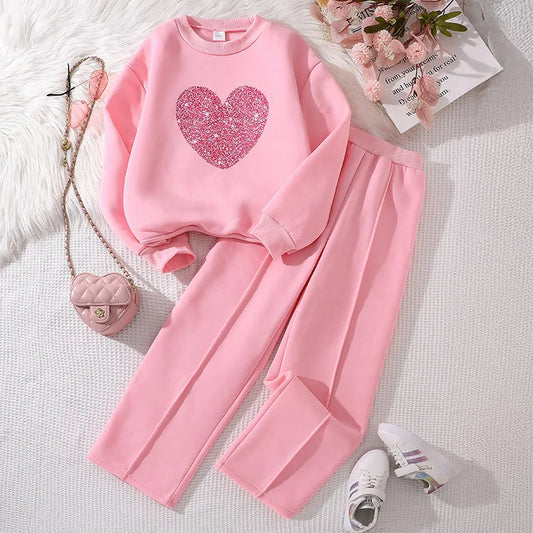 Hot Girls Suit Autumn and Winter New Children's Love Long-Sleeved Sweater Casual Trousers Thin Velvet Two-Piece Set Good Vibrations