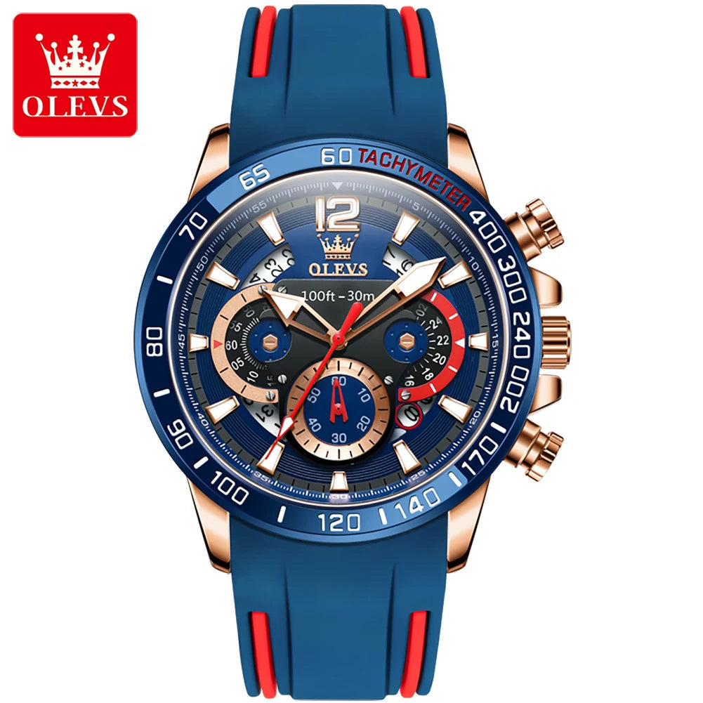OLEVS 9936 New Silicone Blue Strap Multi-function Men Wristwatch Waterproof Quartz Sport Watch for Men Luminous Calendar Logo Good Vibrations