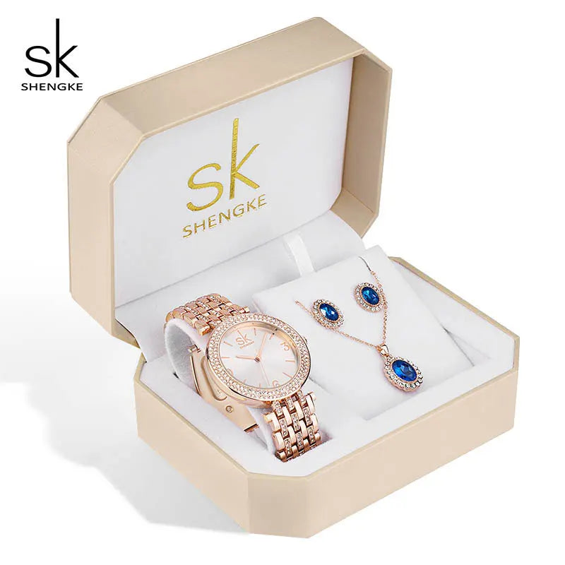 SHENGKE Octagonal Box Ladies Watch Set, Luxury Brand Exquisite Packaging Fashion Look Watch Necklace Earrings Three-in-one Set Good Vibrations