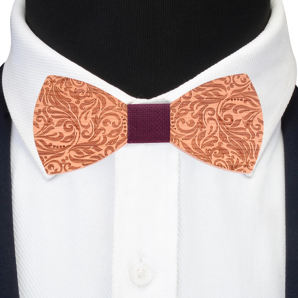 2020 Design Craved Floral Wooden Wood Bow Tit Set Navy Red Plaid Silk Pocket Square Cufflinks Broocn Bowtie Set For Mens Wedding