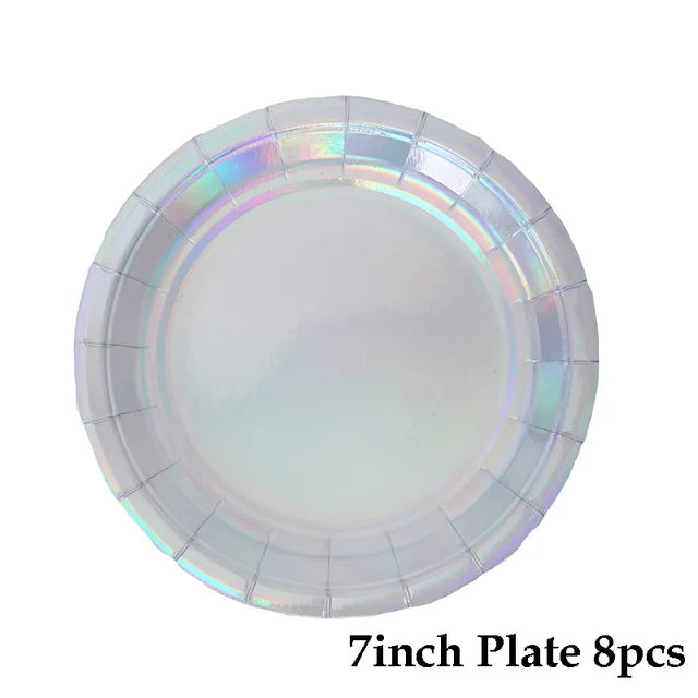 Rose Gold Disposable Tableware sets Paper Plates/cups/straws Iridescent Wedding Birthday Party Decor rainbow Dish Party Supplies Good Vibrations