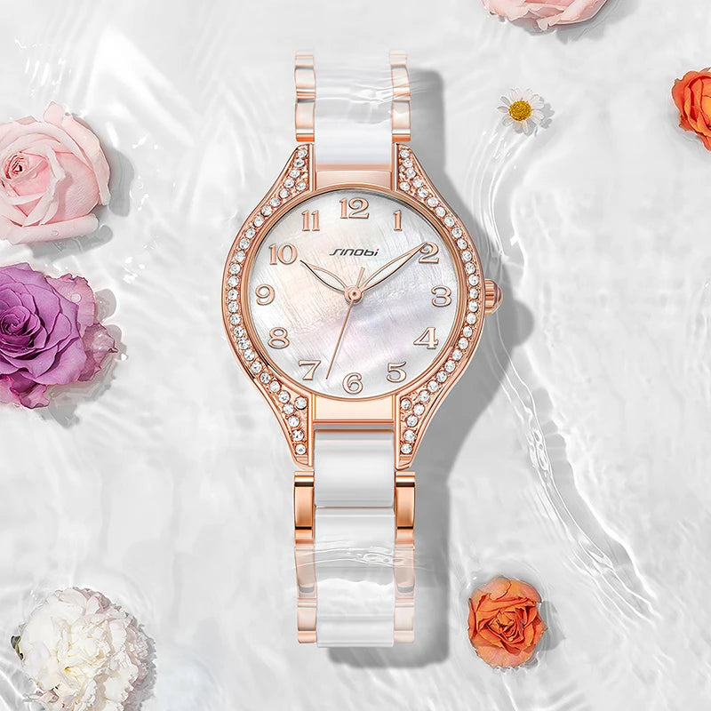 Sinobi Ceramic Band Luxury Diamond Wristwatch Jam Tangan 3ATM Water Resistant Quartz Watch Box Pack MIYOTA 2035 Movement Female Good Vibrations