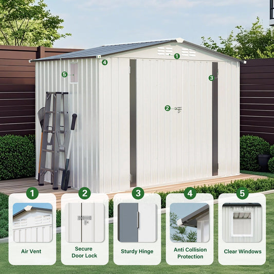 6X8FT Durable Garden Storage Shed with Lockable Doors & Gable Roof Easily Assembled Steel Frame for Backyard Tool Room Good Vibrations