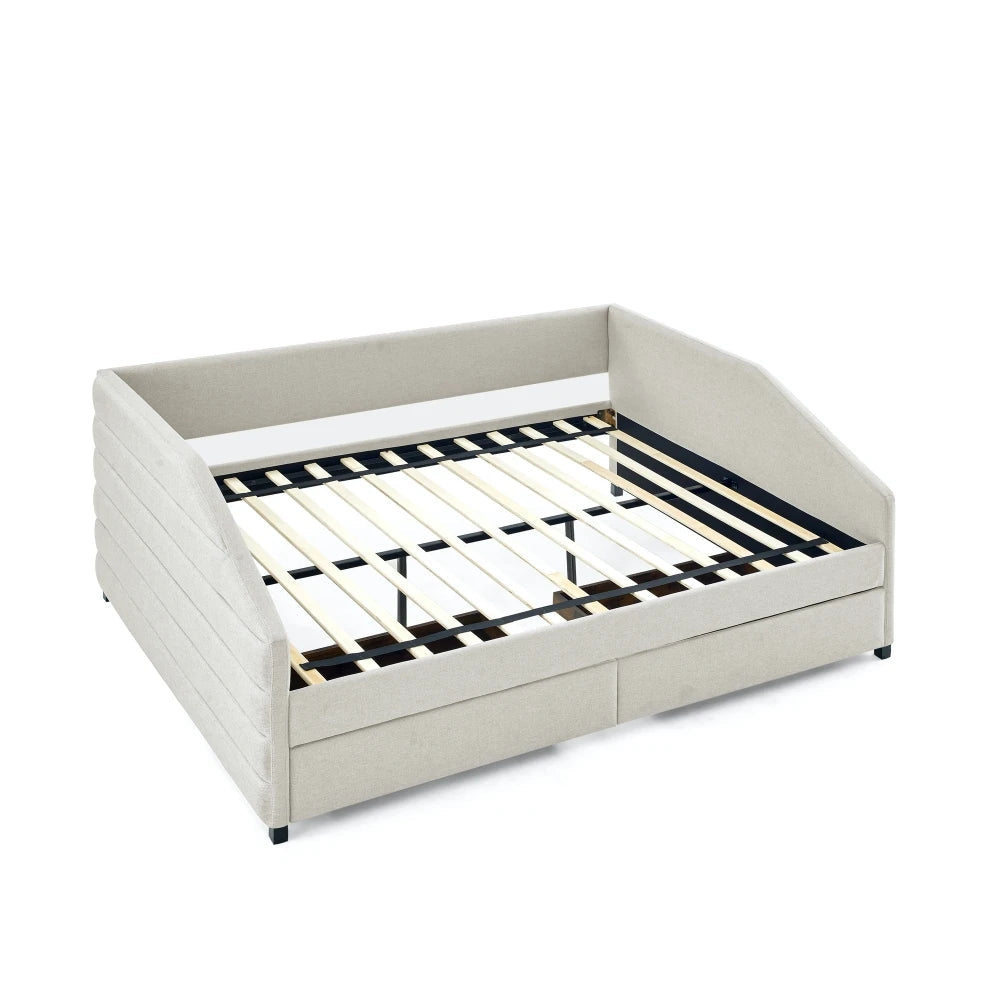 Queen Size Daybed with Two Drawers Trundle Upholstered Tufted Sofa Bed Linen Fabric Living Room Furniture Good Vibrations
