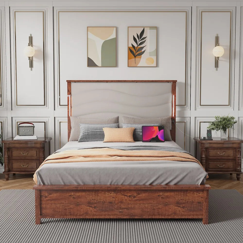 Queen Size Bed Frame with Upholstered Headboard, Charging Station & LED Lights, Wood Slats, Beige Linen,Easy Assembly Good Vibrations