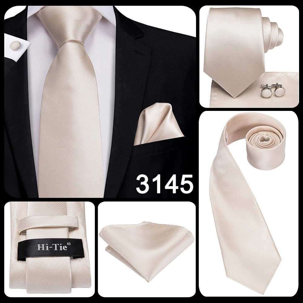 Men's Ties White Sliver Hanky Cufflinks Set Silk Neck ties For Men Wedding Party Business Mens Tie 2022 New Fashion Brand Hi-Tie Good Vibrations