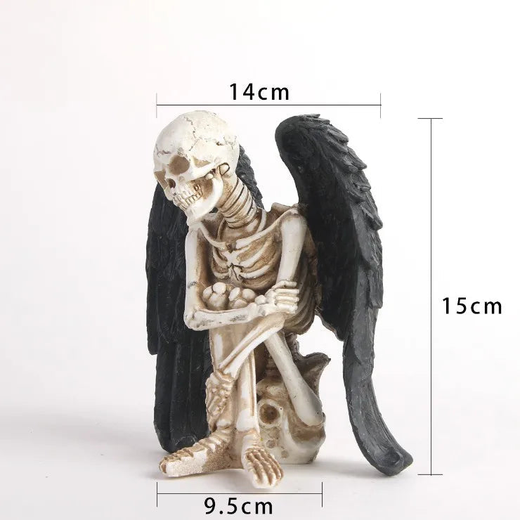 Resin 3D Skeleton Model Skull with Dark Wing Figurine for Halloween Decor Good Vibrations