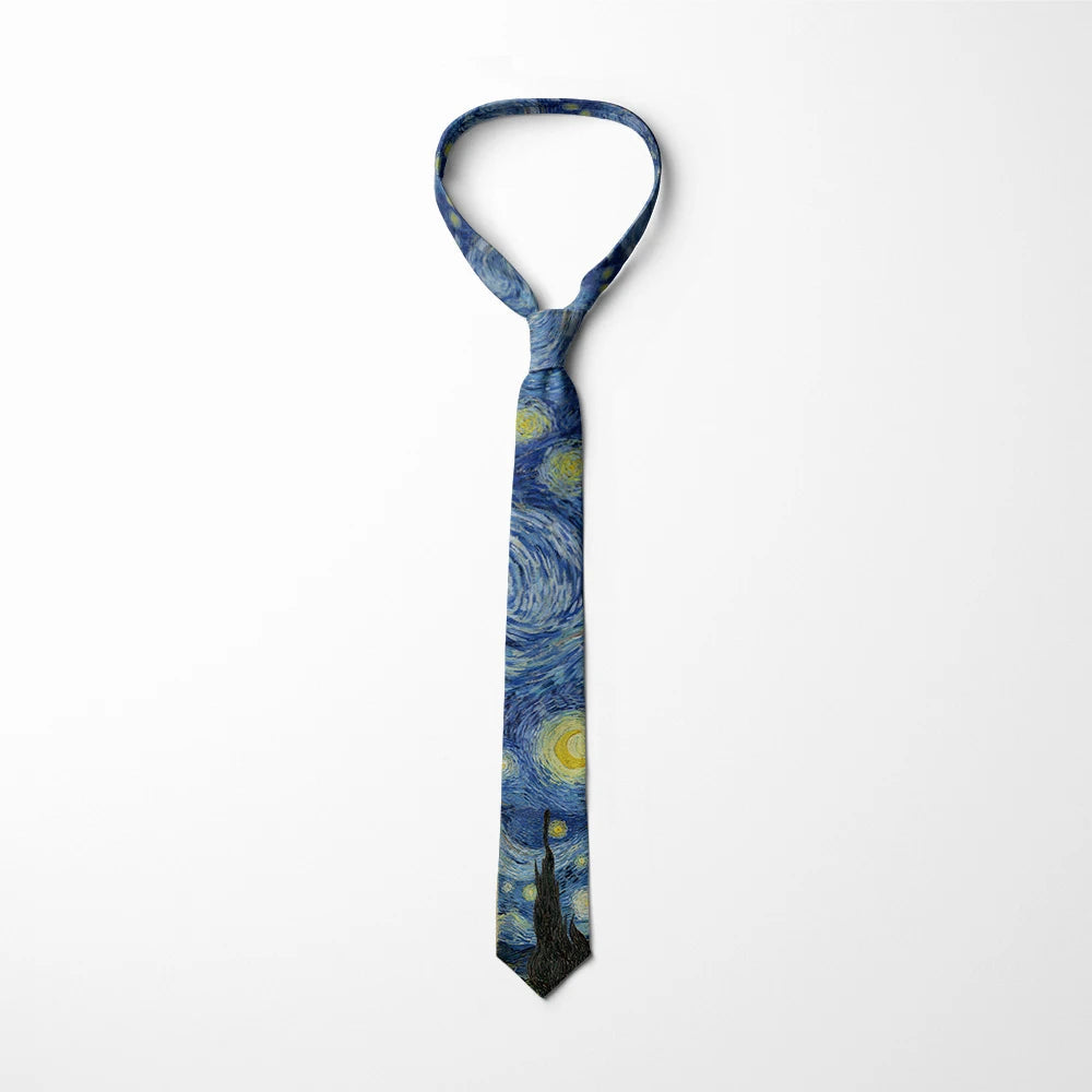 3D Printed 8cm Wide Men's Tie Van Gogh Oil Painting Starry Moon Night Fun Tie Casual Party Wedding Suit Dress Neck Tie For Men Good Vibrations