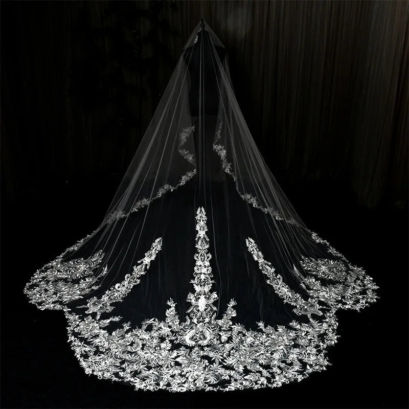 ROMANTIC Luxury Bridal Veils Cathedral Length Long White Ivory Lace Wedding Veils With Comb Good Vibrations