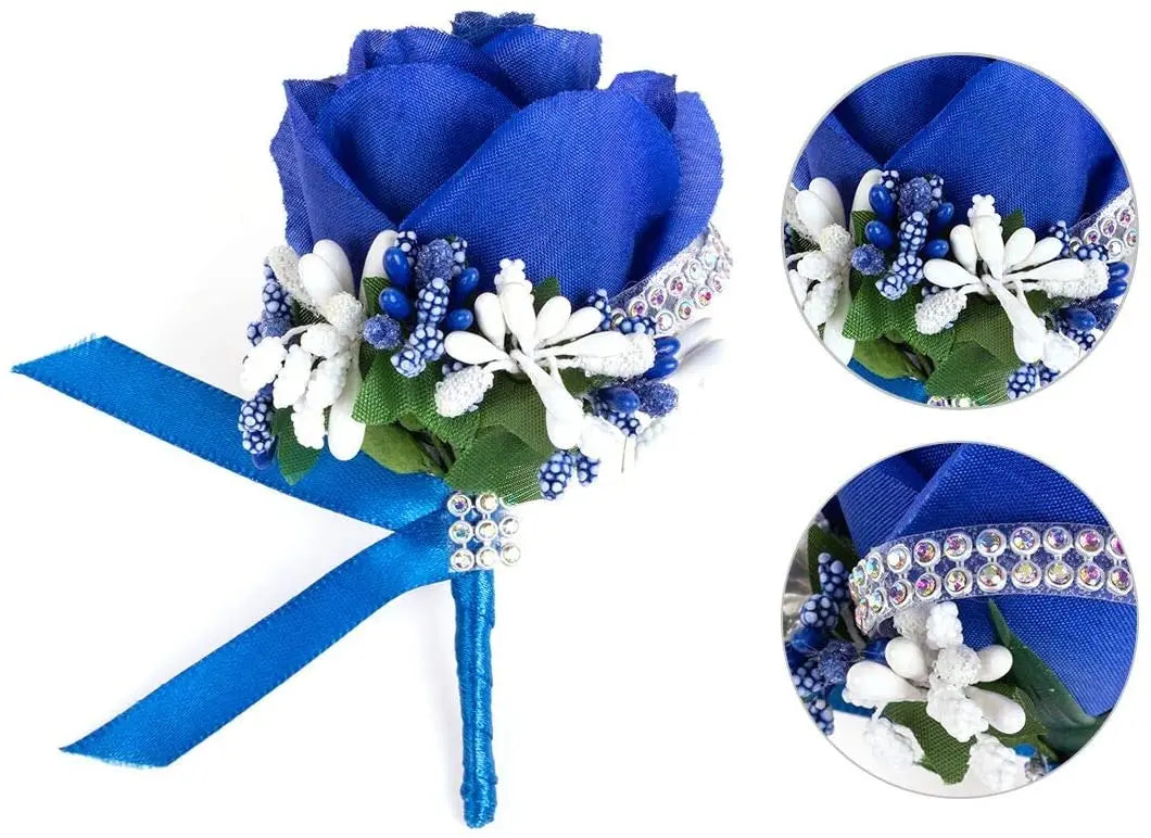 YO CHO Wedding Bouquet Artificial Rose Flowers Blue Brooch Corsages Glitter Rhinestone Ribbon Lace Classic Prom Boutonniere Pins Good Vibrations