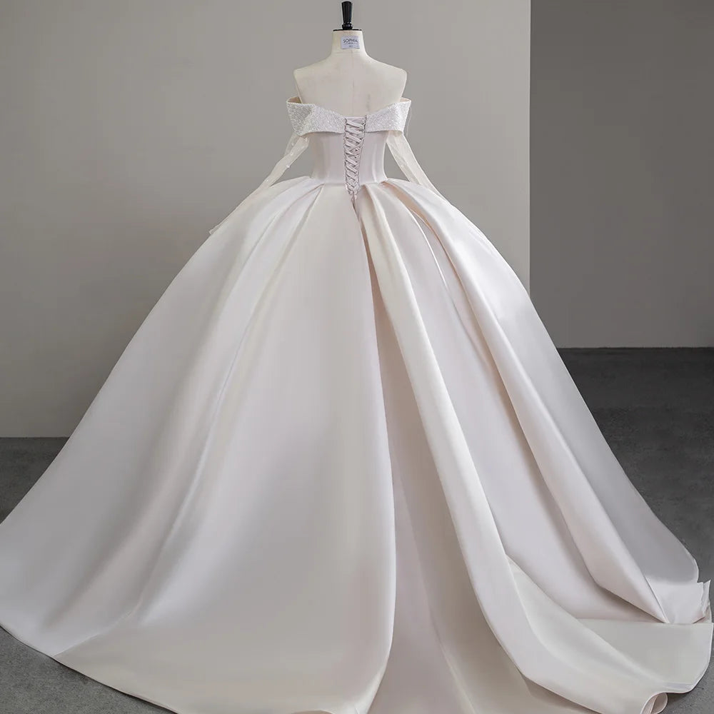 Luxury Satin Wedding Dress Court Train Elegant Boat Neck Princess Wedding Gown Plus Size Custom Made Sfy42