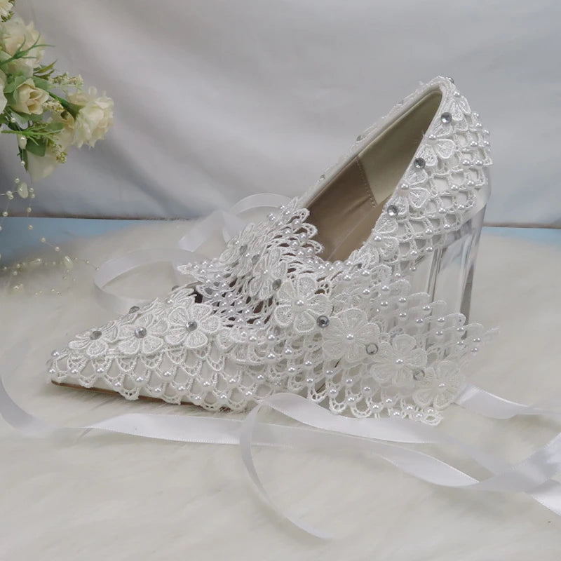 BaoYaFang New Arrival Thick Heel Pointed Toe Womens Wedding Shoes High Heels ladies fashion shoes woman White Lace ankle strap Good Vibrations